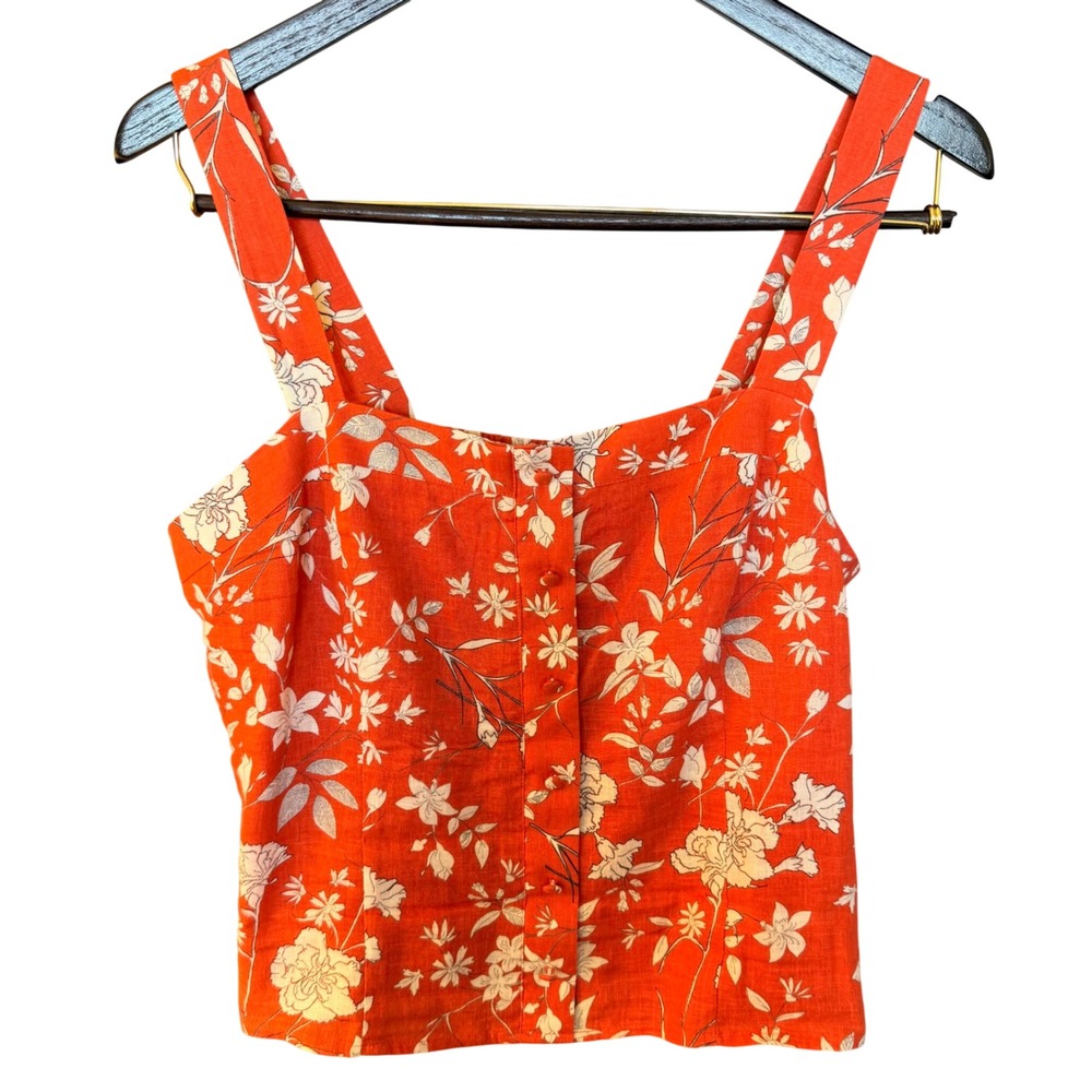 Gianni Bini Womens 10 Orange Floral Linen Blend Smocked Back Crop Top Cottage